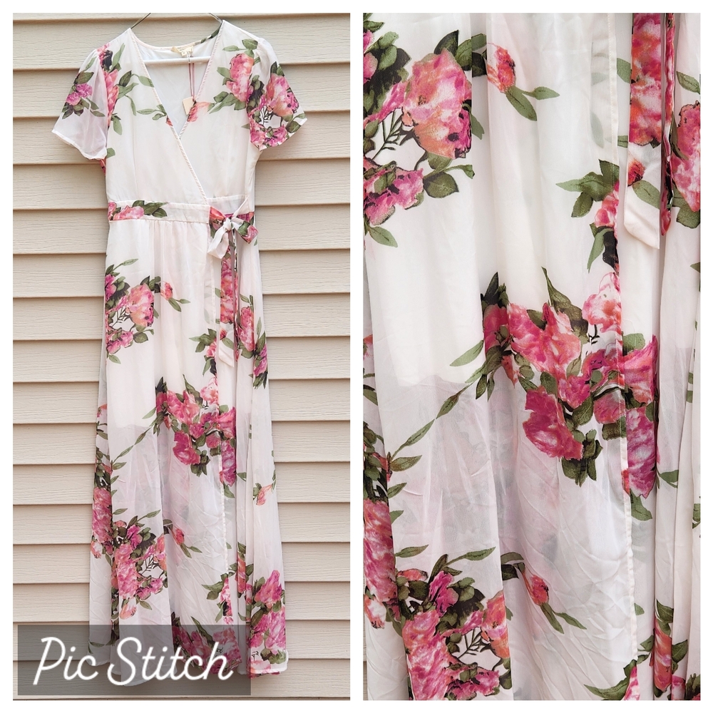 Entro Floral Wrap Dress - White and Pink